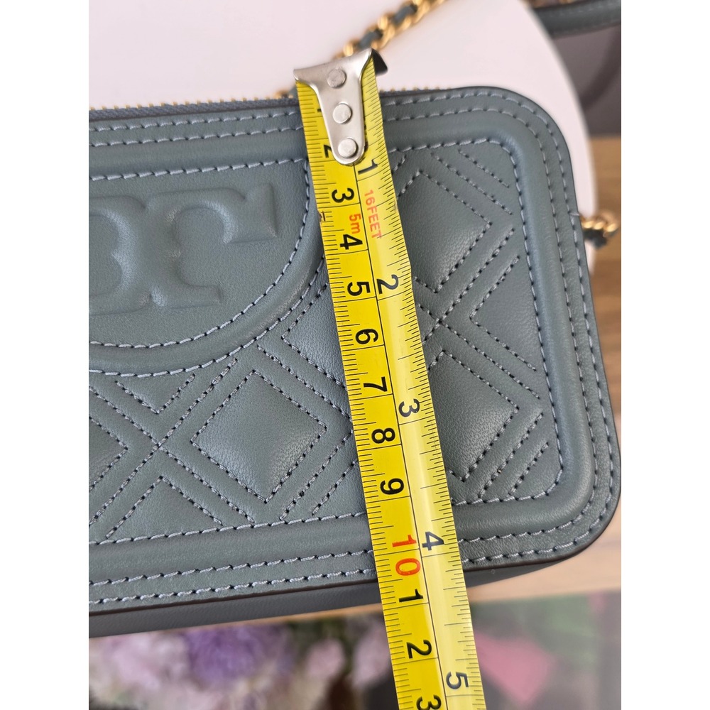 Tory Burch Fleming Soft Double-Zip Mini Bag Blue Grey Quilted Leather Crossbody - Picture 11 of 13